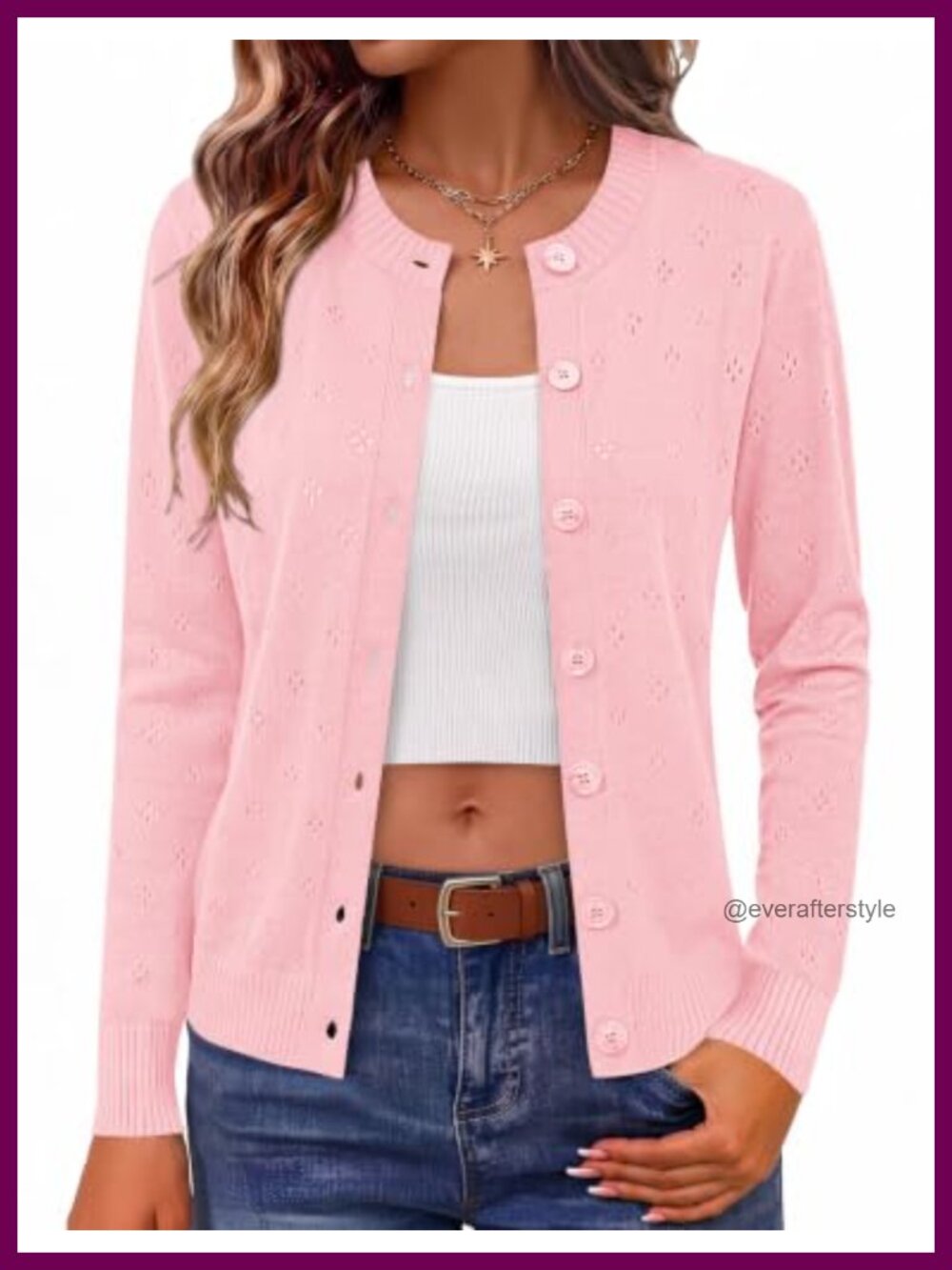 Knit Hollow-Out Button Down Crew Neck Cardigan Viscose Blend
